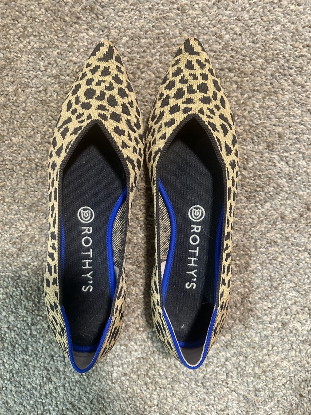 Rothy's Leopard Print Pointed Flats in Beige and Black with Blue Trim